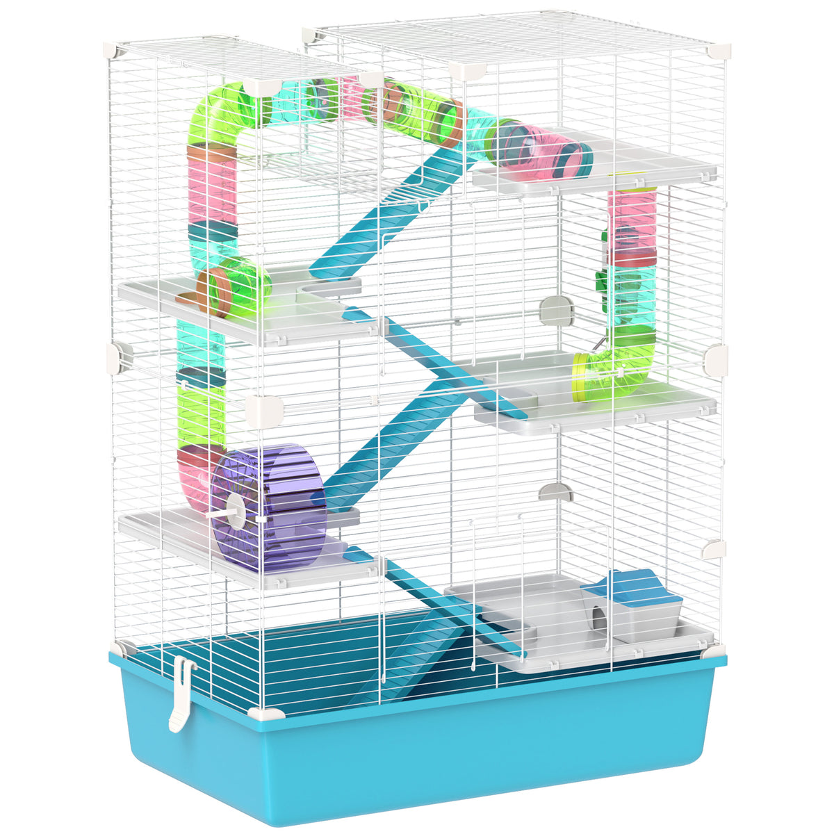 Six-Tier Hamster Cage with Tubes, Wheel, Ramps, Hut, Food Dish & Water Bottle – Light Blue