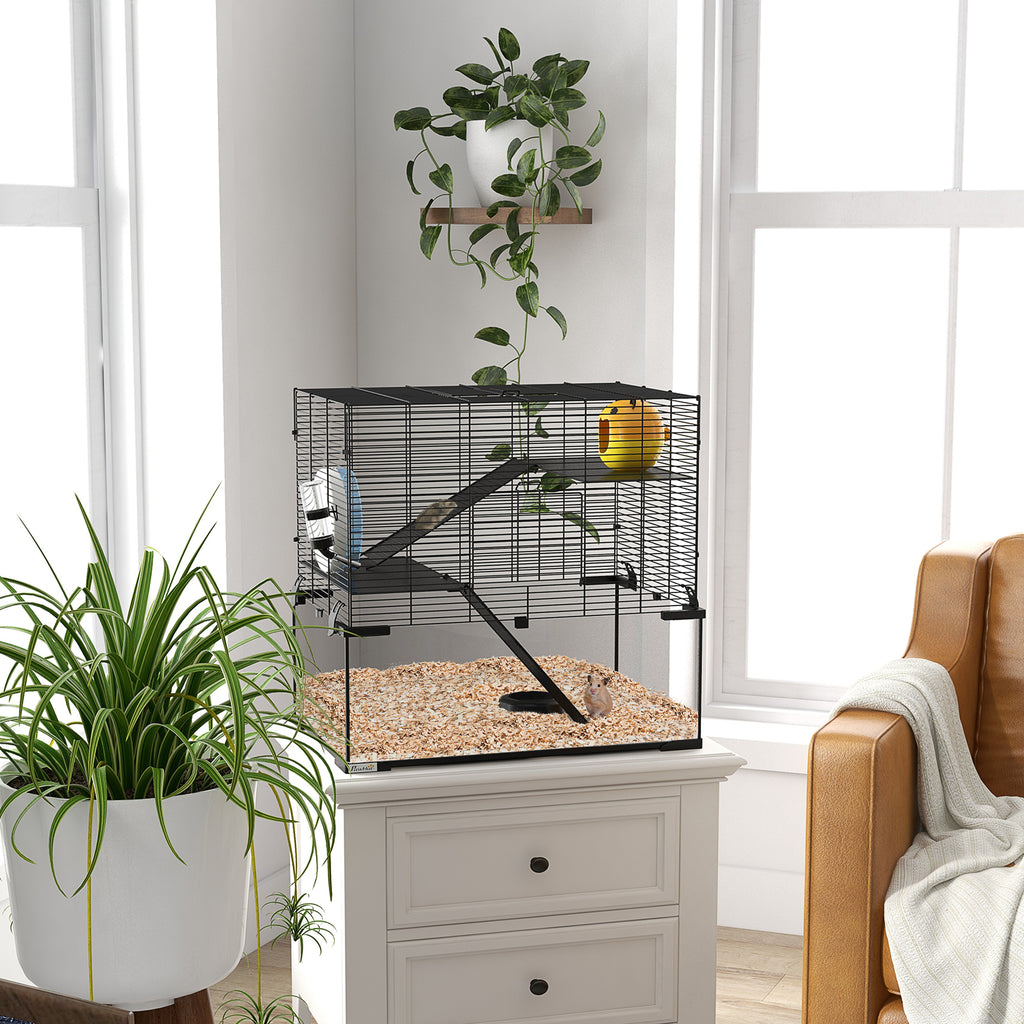 Three-Tier Hamster Cage with Glass Base & Exercise Wheels – 60cm