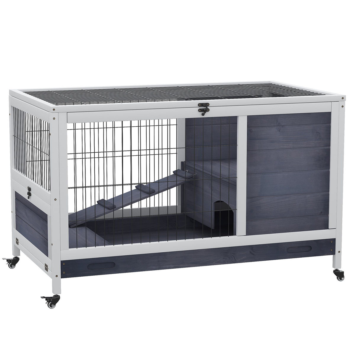 Two-Tier Wooden Rabbit & Guinea Pig Hutch with Enclosed Run – Grey