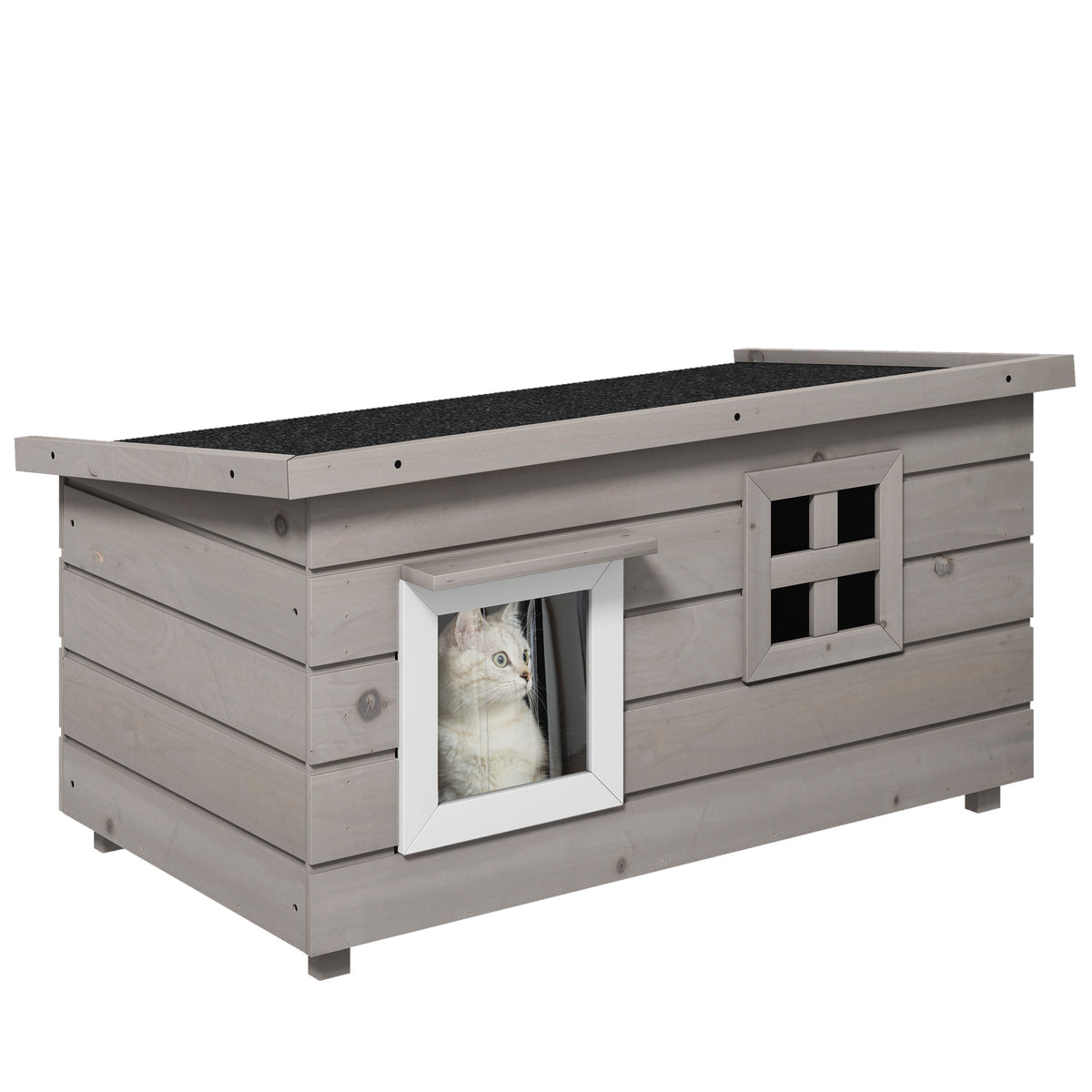 Raised Wooden Outdoor Cat House with Opening Top, Asphalt Roof & Window – Grey
