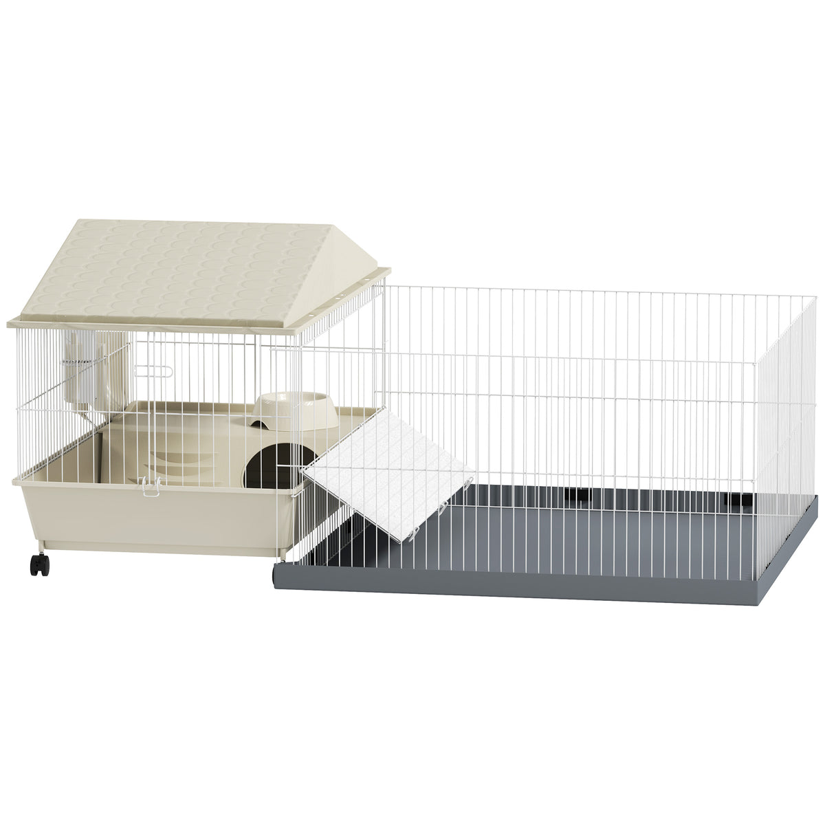Guinea Pig Cage with Removable Playpen & Hay Feeder – Beige, 108cm