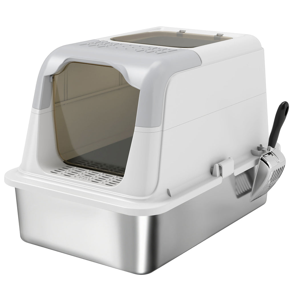 Enclosed Stainless Steel Cat Litter Box with Scoop & Deodoriser Bag – XL, Front Entry & Top Exit