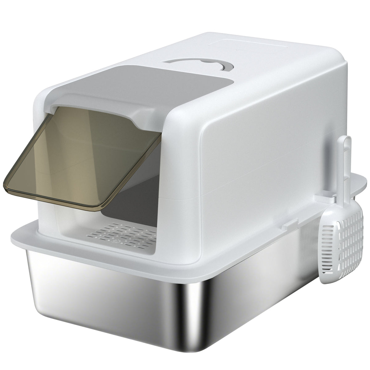 Stainless Steel Cat Litter Box with Removable Lid, Scoop & Filter Bags – White