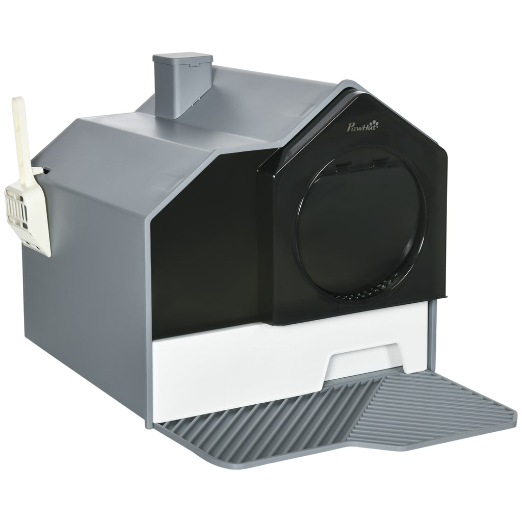 Hooded Cat Litter Box with Drawer, Scoop & Handle – Grey, 47 × 45 × 42cm