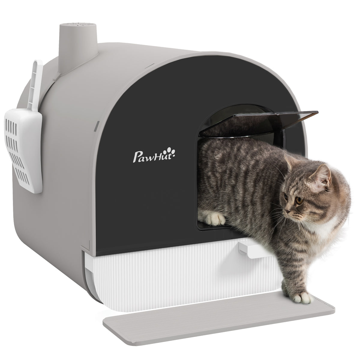 Hooded Cat Litter Box with Scoop, Filter & Flap Door – Light Grey