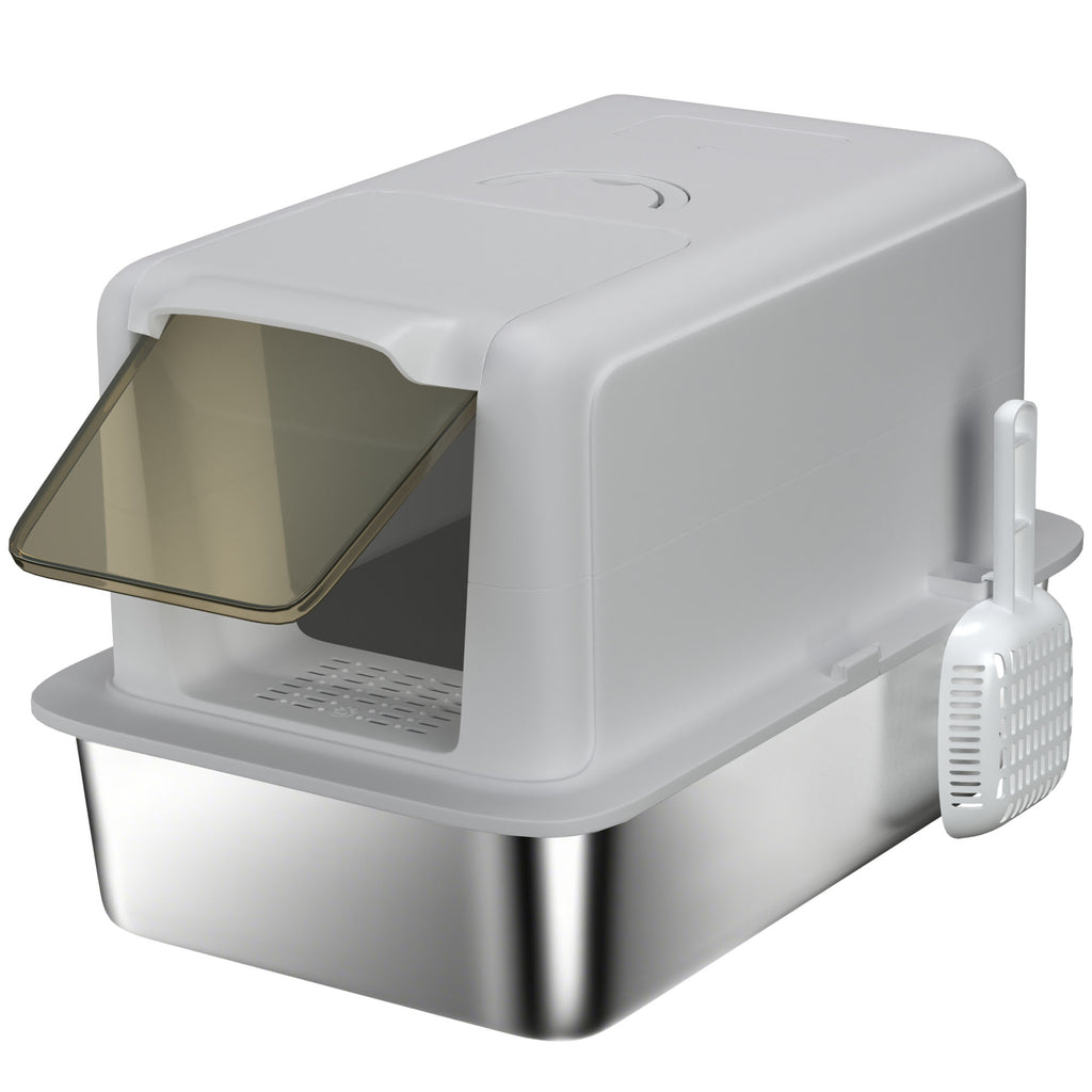 Stainless Steel Cat Litter Box with Removable Lid, Scoop & Filter Bags – Grey