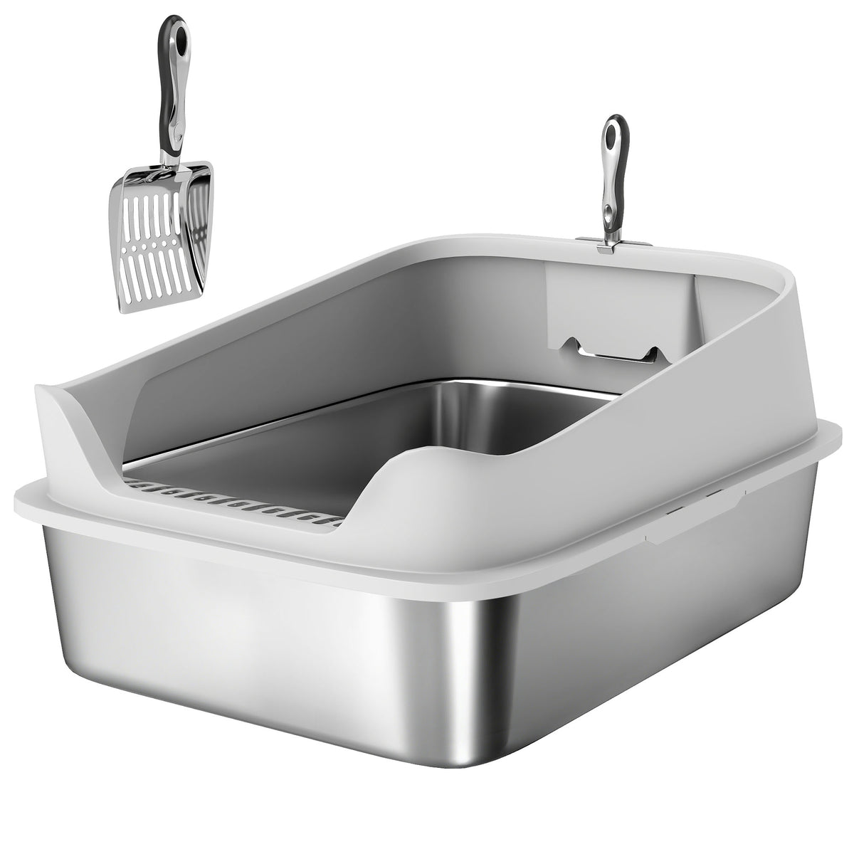 Stainless Steel Cat Litter Box with High Sides & Metal Scoop – 70 × 50 × 30cm