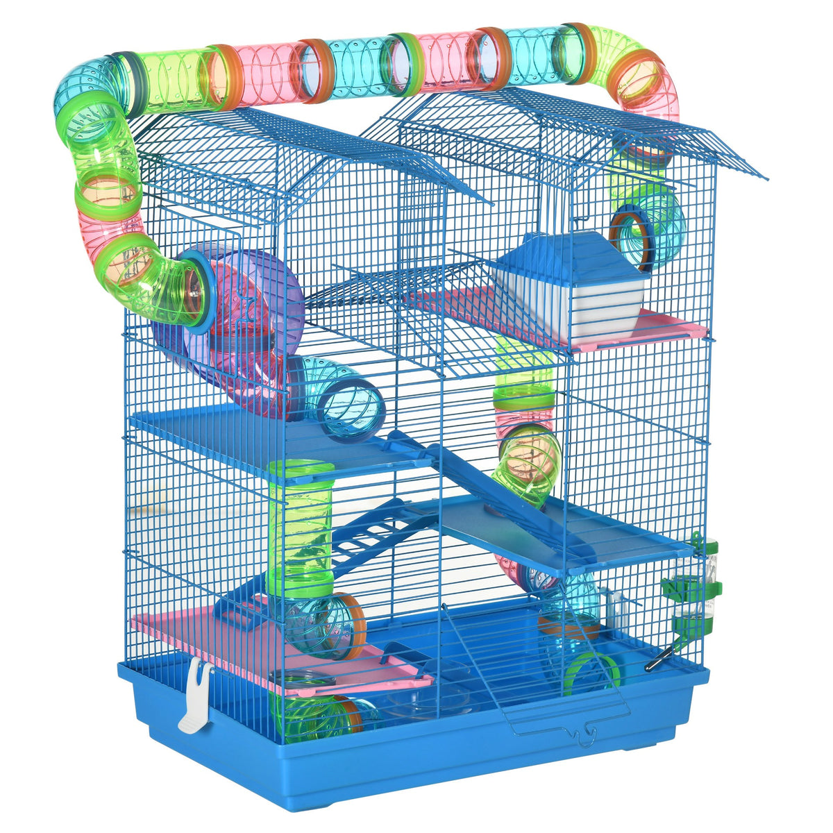Five-Tier Hamster Cage with Wheels, Tunnels & Accessories – Blue