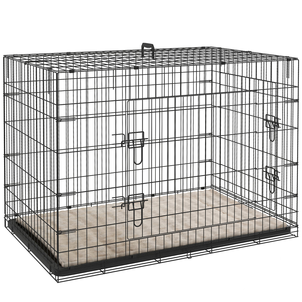 Folding Two-Door Dog Crate with Tray & Soft Cushion – Black