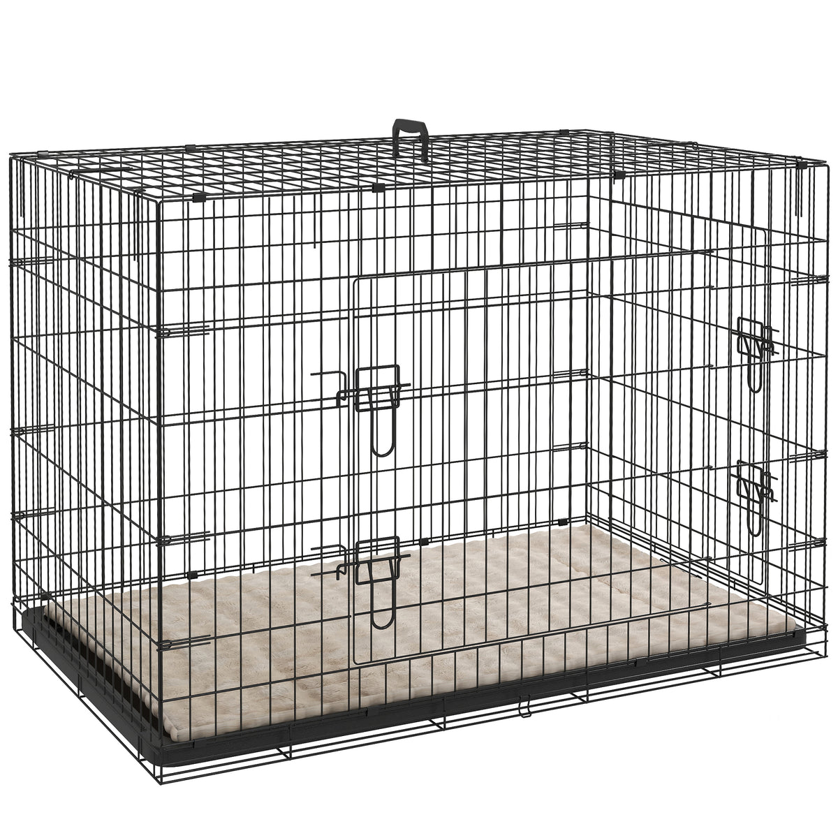 Folding Two-Door Dog Crate with Tray & Soft Cushion – Black