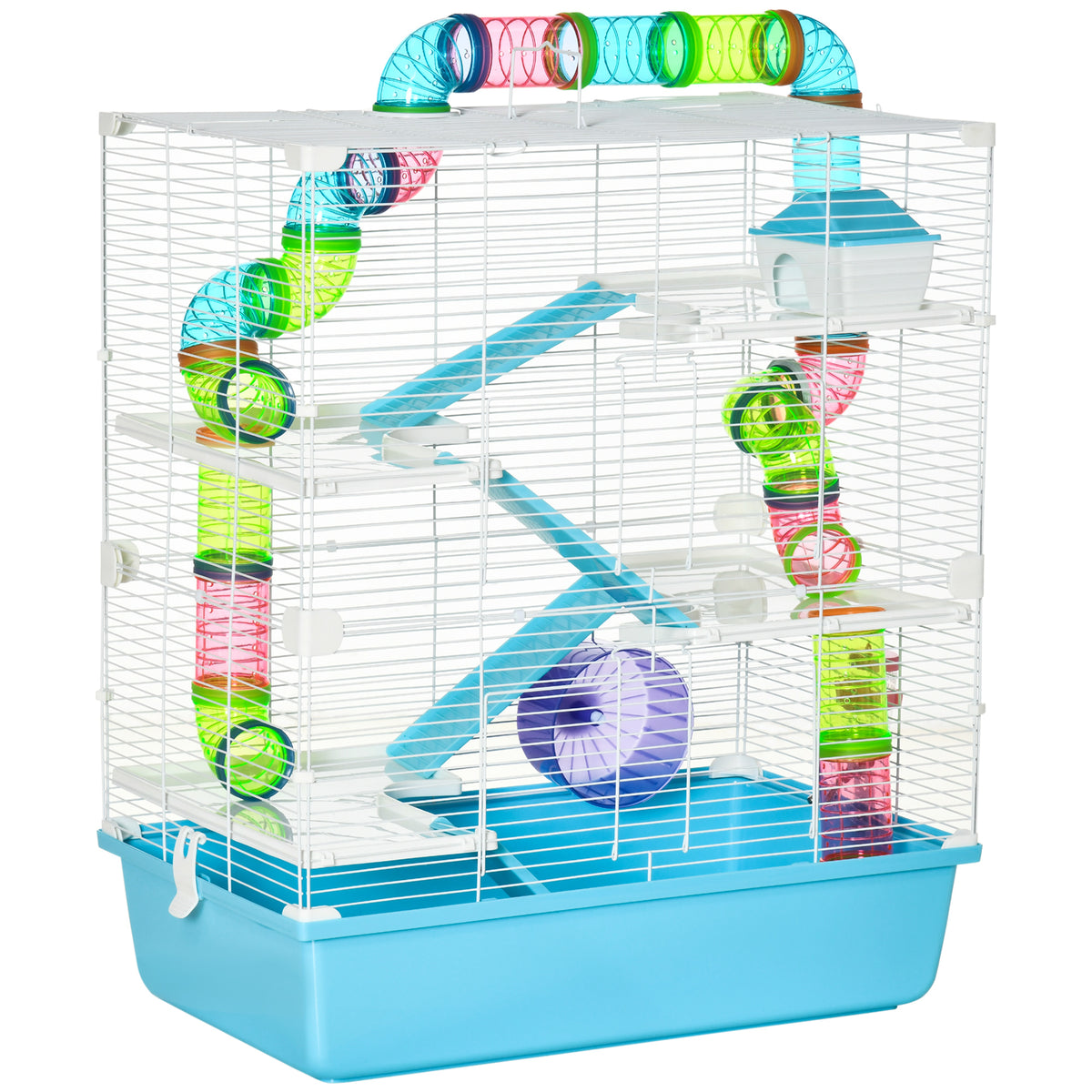 Hamster Cage with Water Bottle, Exercise Wheel, Tubes & Ramps – Light Blue