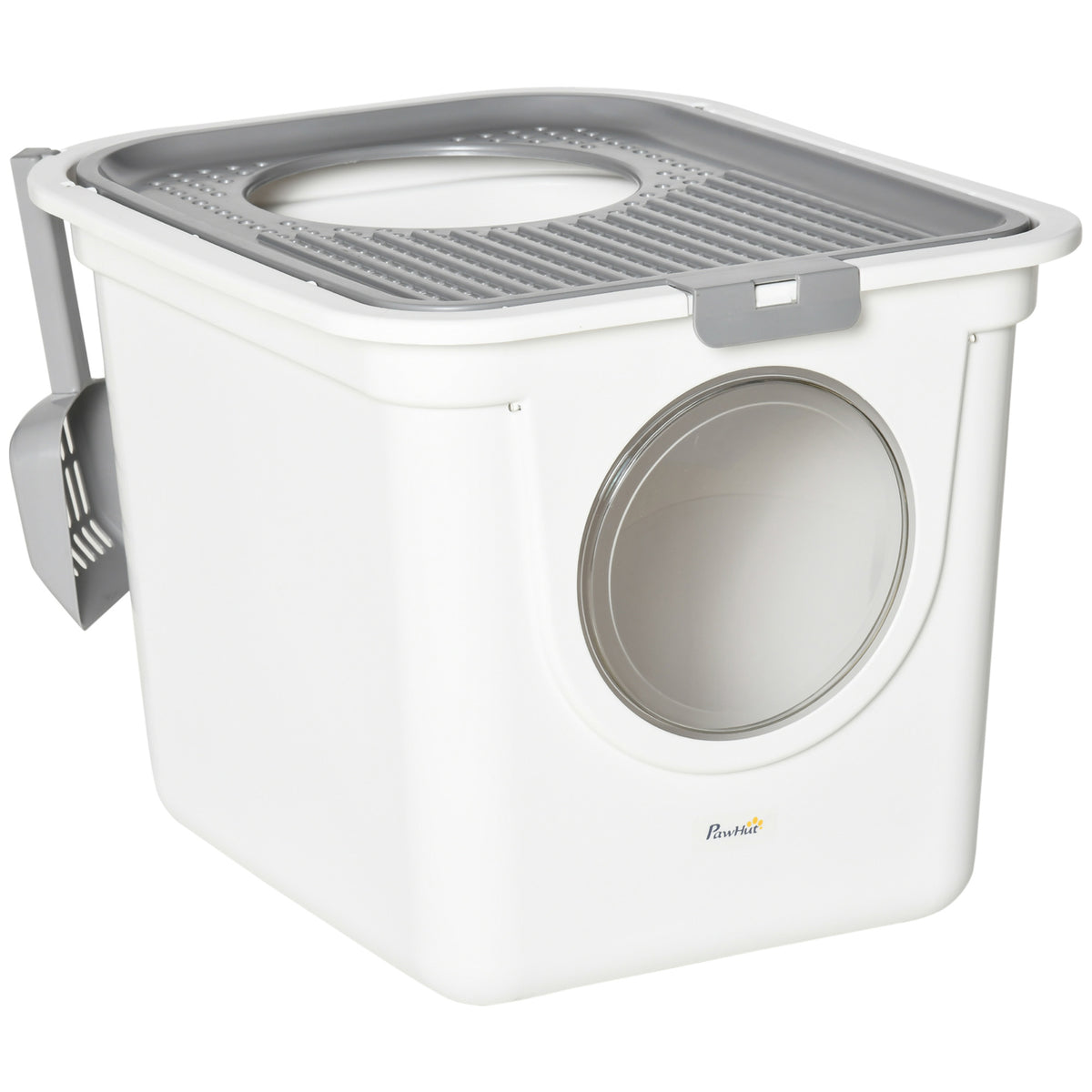 Enclosed Cat Litter Box with Scoop & Top Exit – White