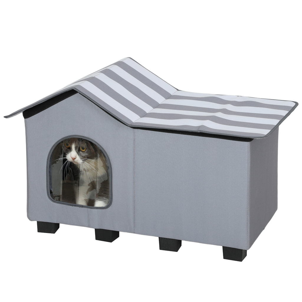 Outdoor Cat House with Raised Base & Cushion – Grey
