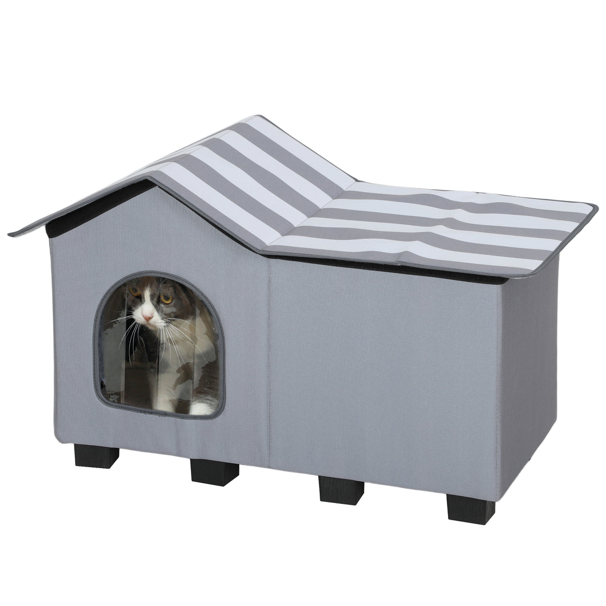 Outdoor Cat House with Raised Base & Cushion – Grey