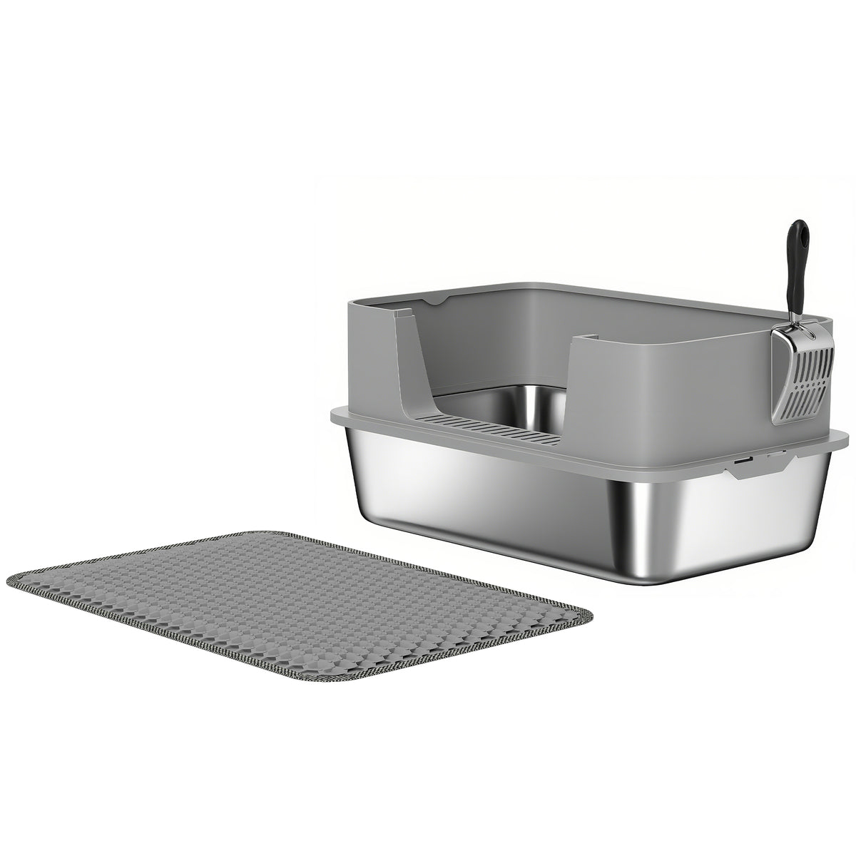 High-Sided Stainless Steel Cat Litter Box with Scoop & Mat – Grey
