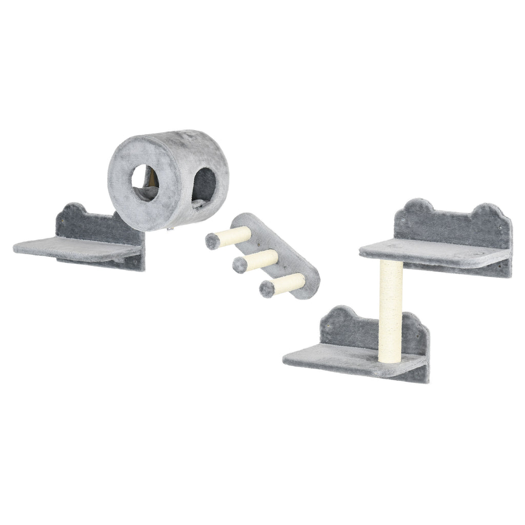 Wall-Mounted Cat Tree with Steps, Perch & Cat House – Grey, 4 Pieces
