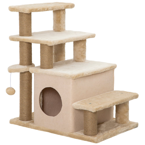 Adjustable Cat Steps with House & Hanging Toy Ball – Beige