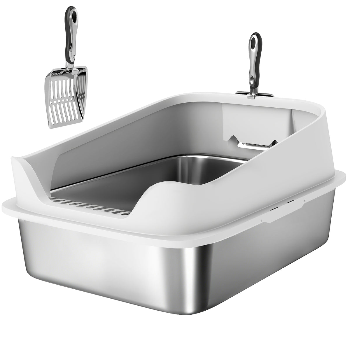 High-Sided Stainless Steel Cat Litter Box with Scoop – XL, 60 × 40 × 30cm