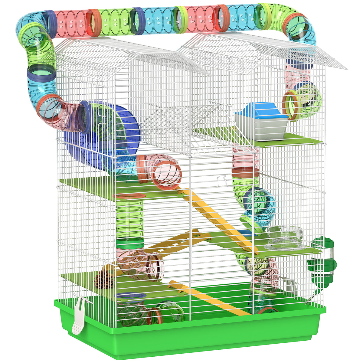 Five-Tier Hamster Cage with Wheels, Tunnels, Bottle & House – Green