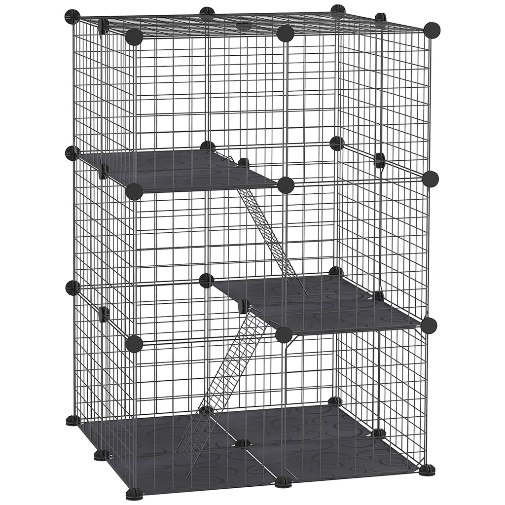 Modular Small Animal Playpen with Three Doors & Two Ramps – Black, 39 Panels