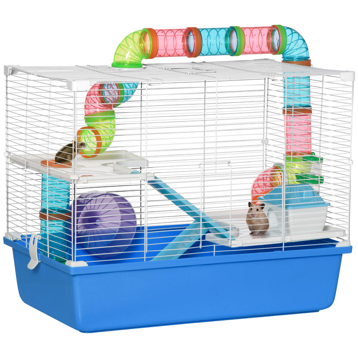 Three-Tier Hamster & Gerbil Cage with Tube & Accessories – Blue, 59 × 36 × 47cm
