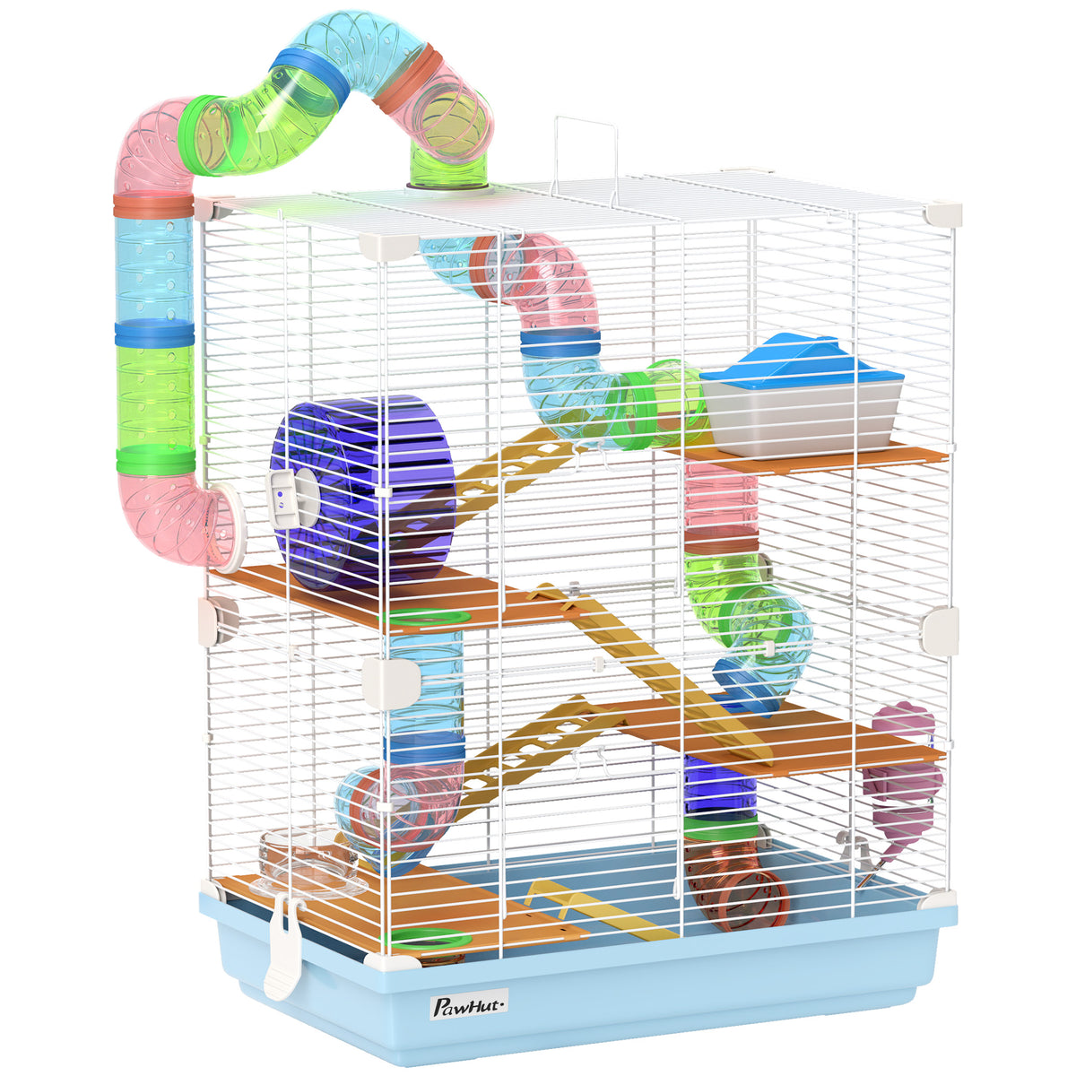 Five-Tier Hamster Cage with Exercise Wheels & Tunnel – Light Blue