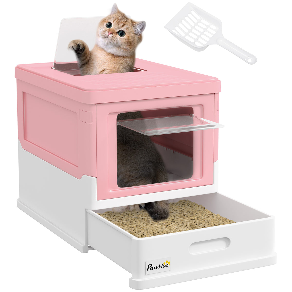 Hooded Cat Litter Box with Scoop & Front Entry – Pink