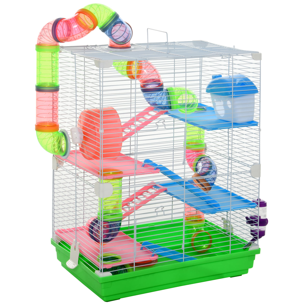 Five-Tier Hamster Cage with Exercise Wheels & Tunnel – Green