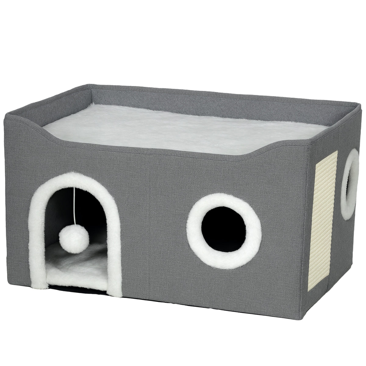 Folding Cat House Bed with Toy Ball & Scratch Pad – Grey