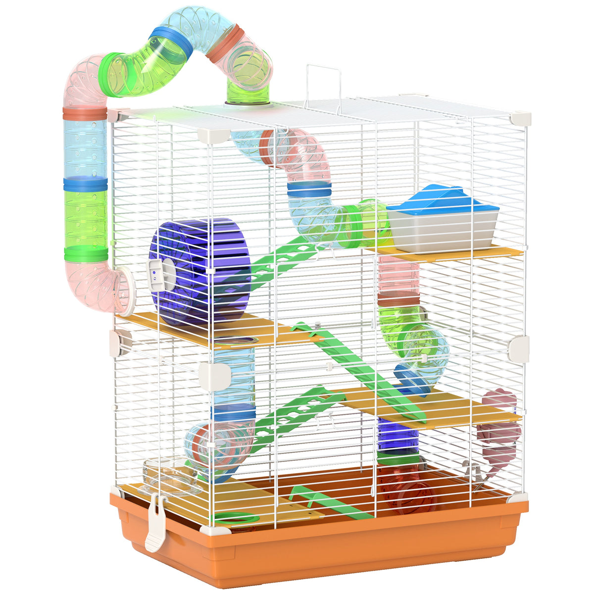 Five-Tier Hamster Cage with Exercise Wheels & Tunnel – Orange