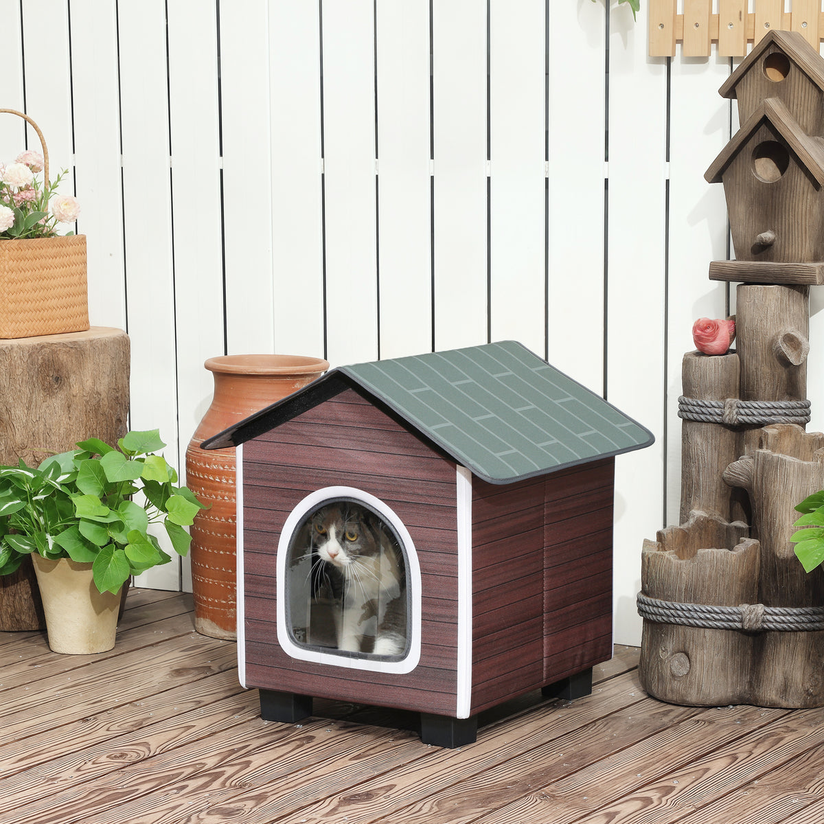 Insulated Outdoor Cat House with Cushion – Red Brown