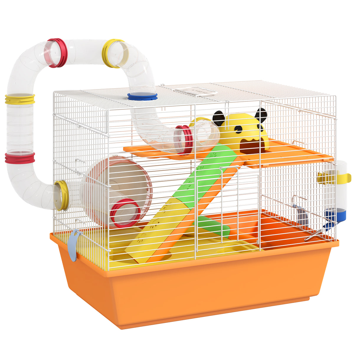 Three-Tier Hamster Cage with Tubes, Wheel & Ladder – Orange