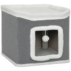 Two-Level Cat Cave House with Top Bed & Toy Balls – Grey