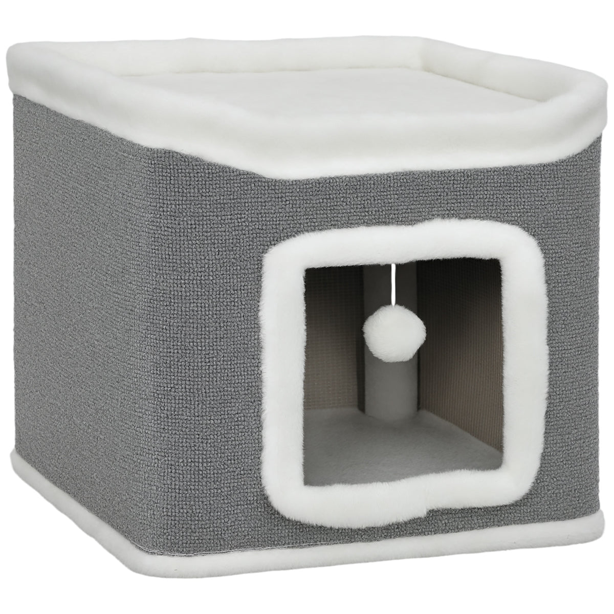 Two-Level Cat Cave House with Top Bed & Toy Balls – Grey