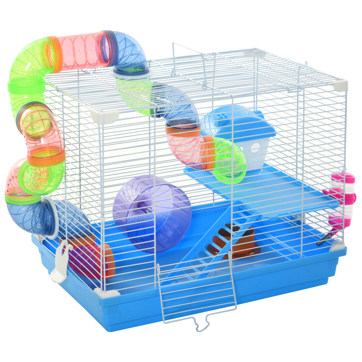 Two-Tier Hamster & Gerbil Cage with Handle, Wheel & Tunnels – Blue