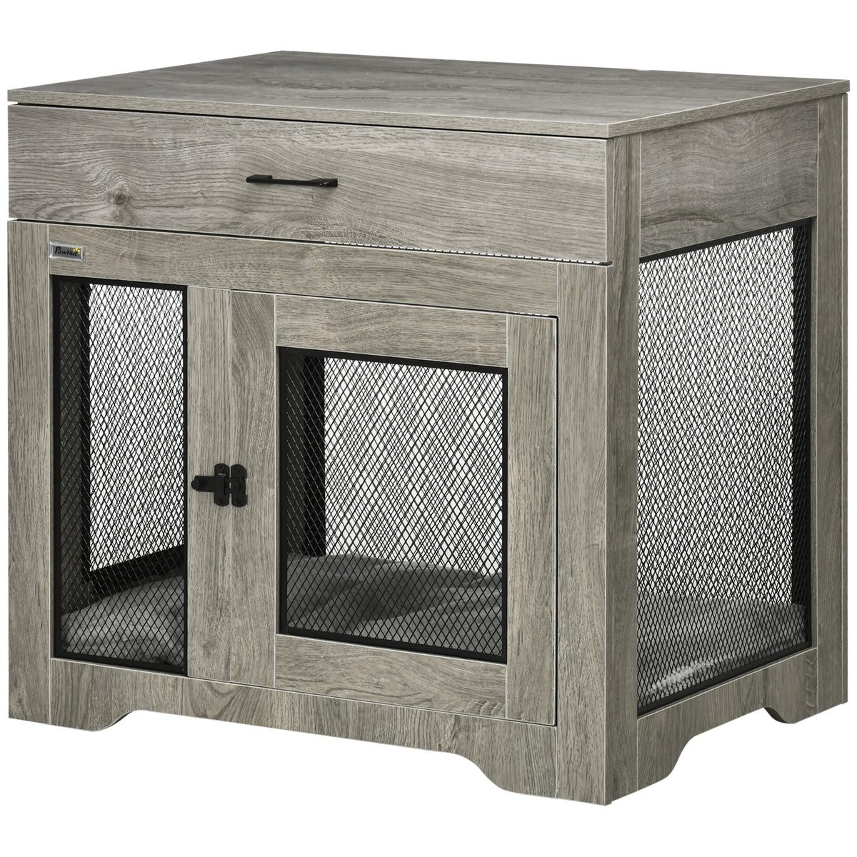 Two-Door Dog Crate End Table with Drawer – Grey