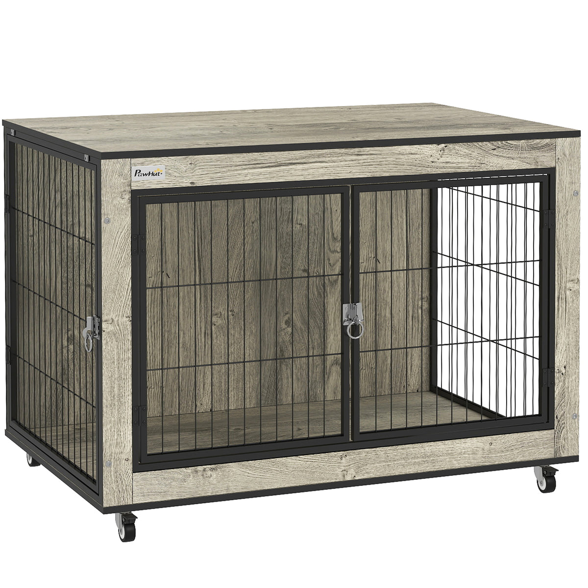 Wheeled Dog Crate Furniture with Double Doors – Grey