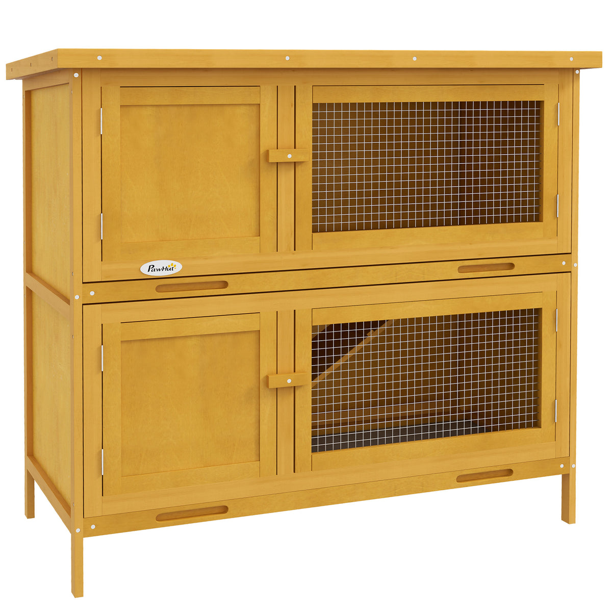Two-Tier Wooden Rabbit & Guinea Pig Hutch with Pull-Out Trays – Yellow, 97 × 44 × 91cm