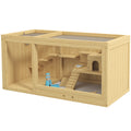 Wooden Hamster Cage with Platforms, Cabin, Seesaw & Sliding Tray – Natural Wood Grain