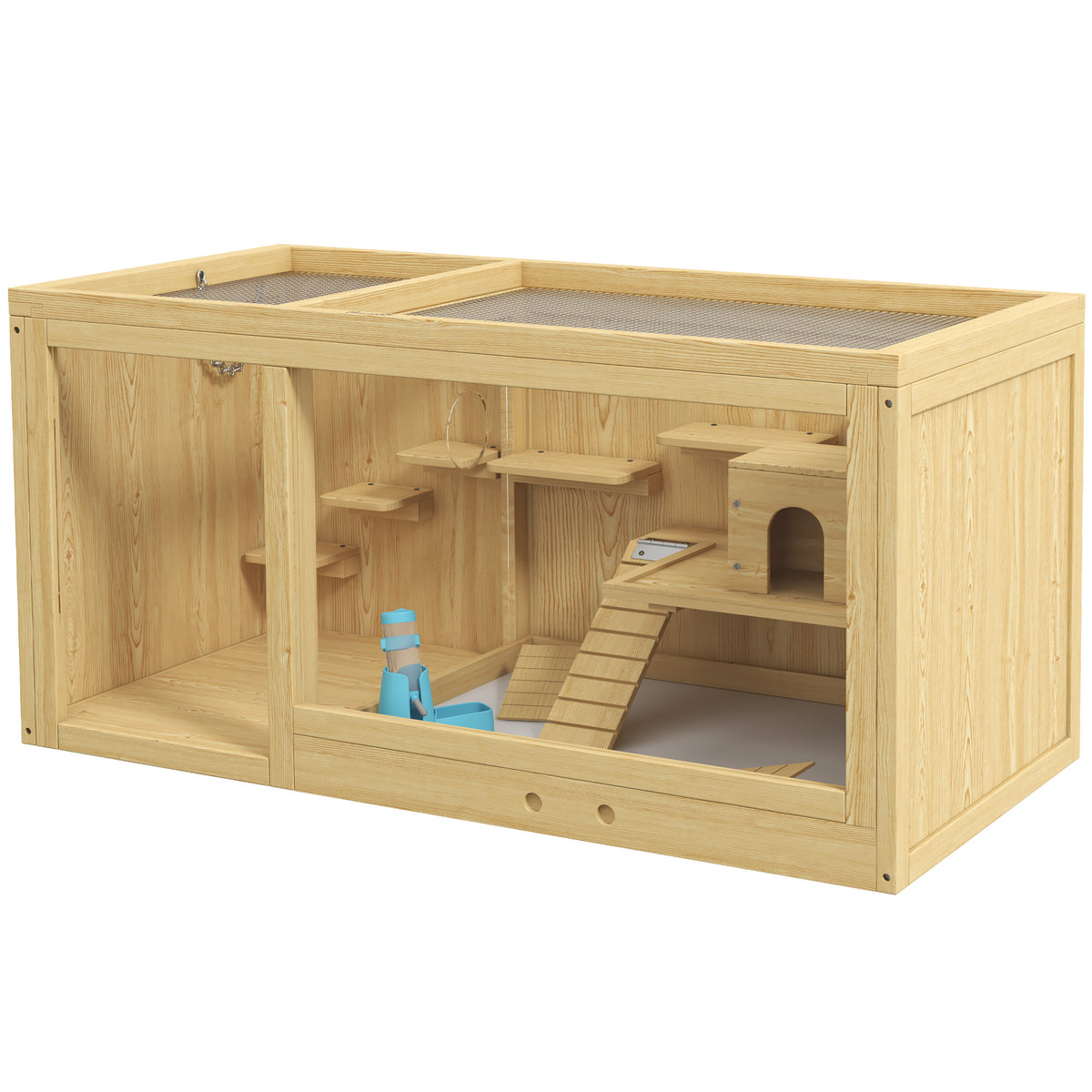 Wooden Hamster Cage with Platforms, Cabin, Seesaw & Sliding Tray – Natural Wood Grain