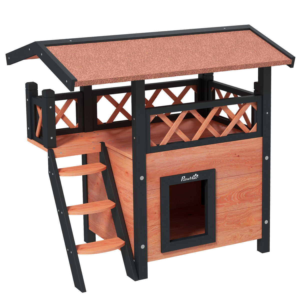Outdoor Cat House with Balcony, Stairs & Roof – 77 × 50 × 73cm