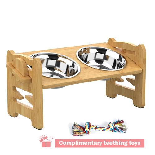 Adjustable Bamboo Feeding Stand with Two 380ml Steel Bowls – Style: A
