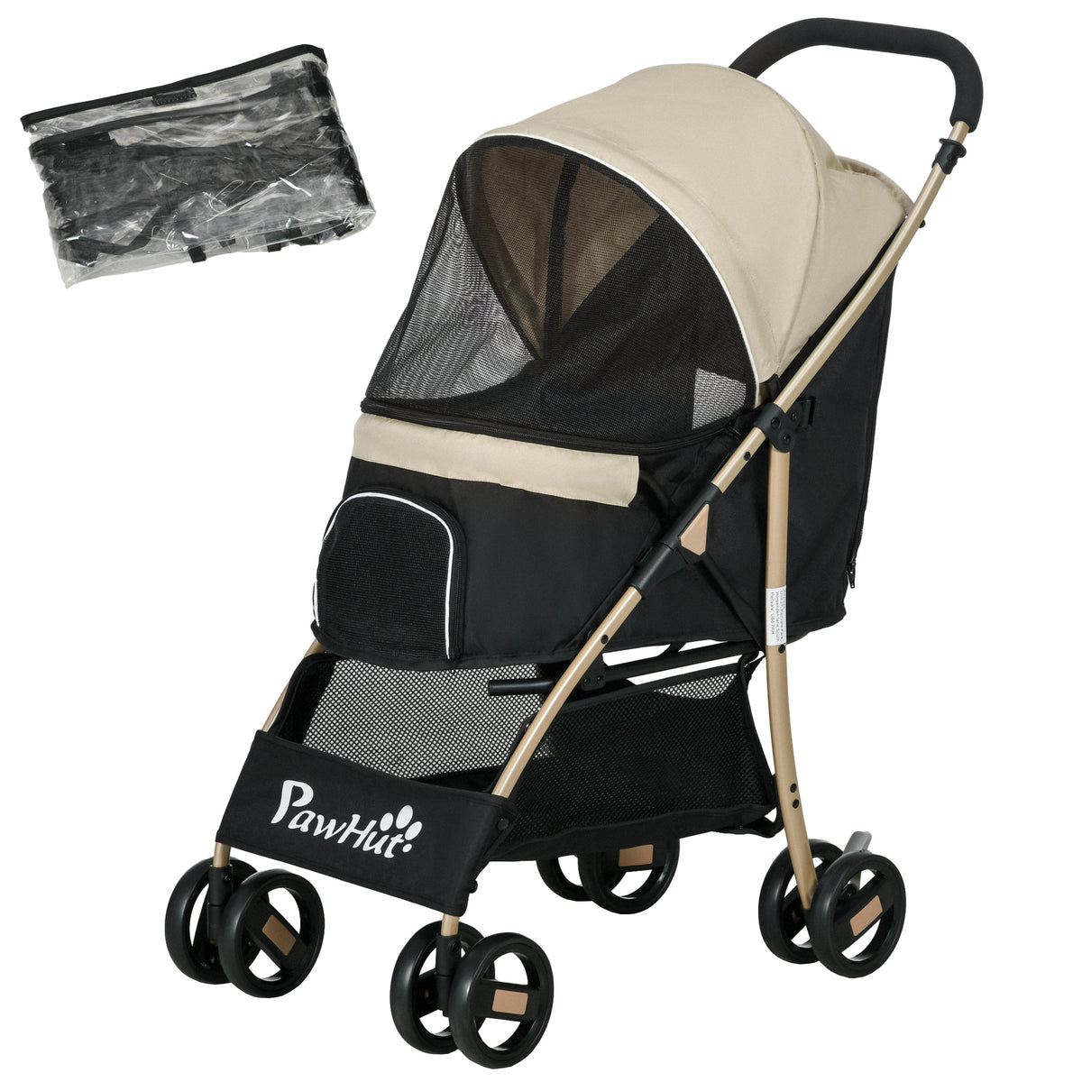 PawHut Folding Four-Wheel Pet Stroller with Rain Cover – Colour: Khaki