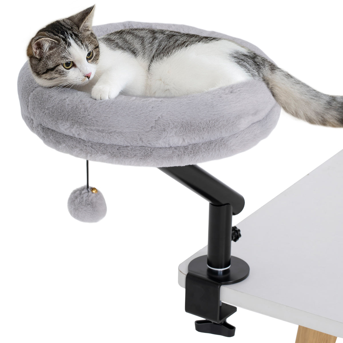PawHut Clamp-On Rotating Cat Desk Bed – Grey – Style: A