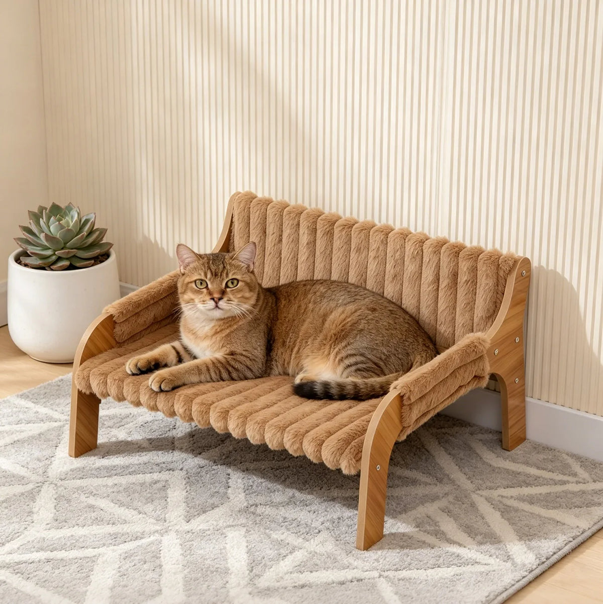 Raised Wooden-Frame Pet Sofa with Striped Plush Cover – 52cm – Colour: khaki