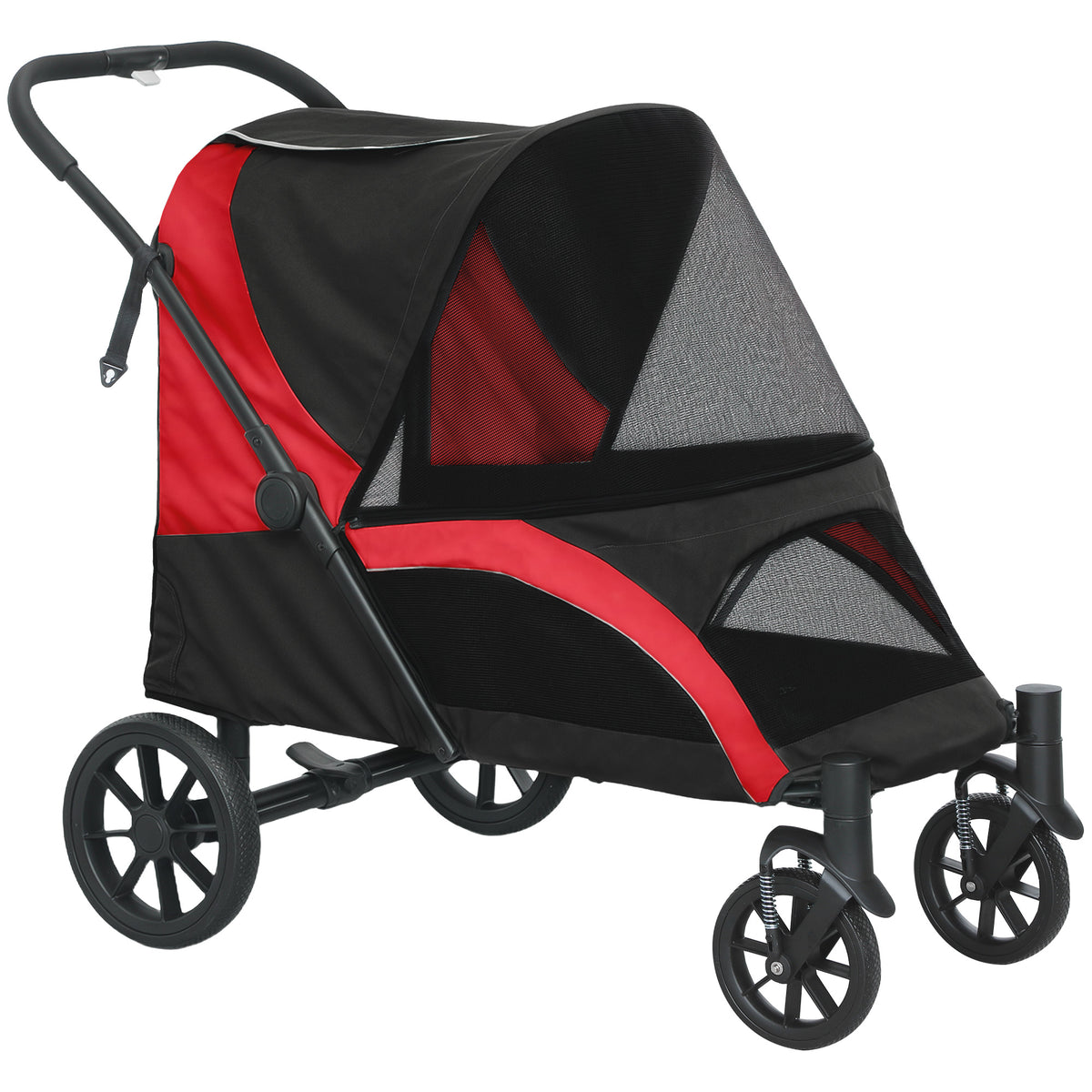 Folding Four-Wheel Dog Stroller with Shock-Absorbing Frame – Red & Black