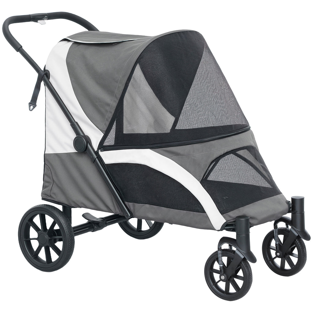 Folding Four-Wheel Dog Stroller with Shock-Absorbing Frame – Dark Grey