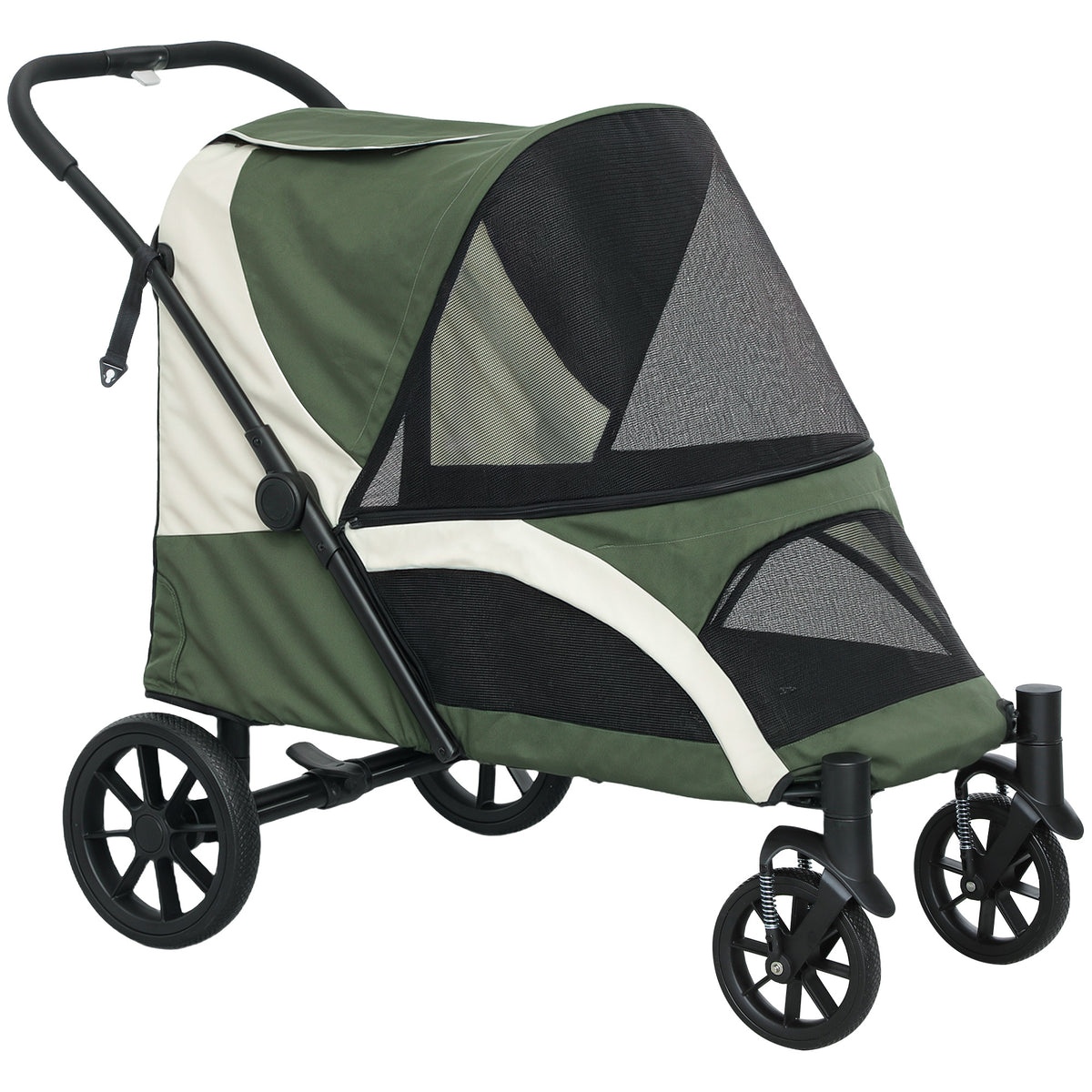 Folding Four-Wheel Dog Stroller with Shock-Absorbing Frame – Dark Green