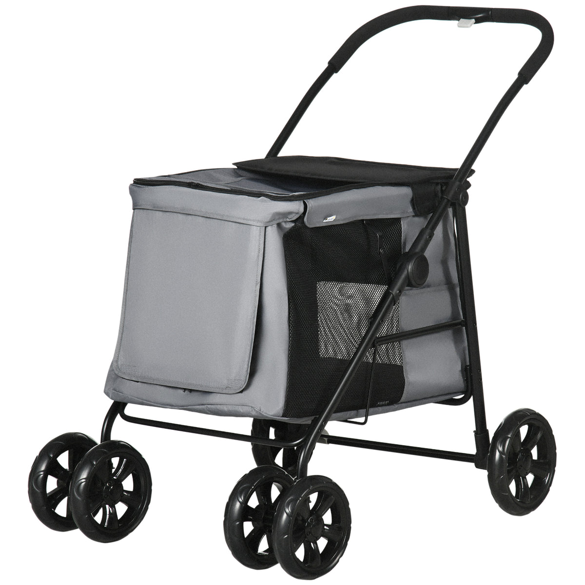 Four-Wheel Dog Stroller with Rolling Door & Cushion – Grey