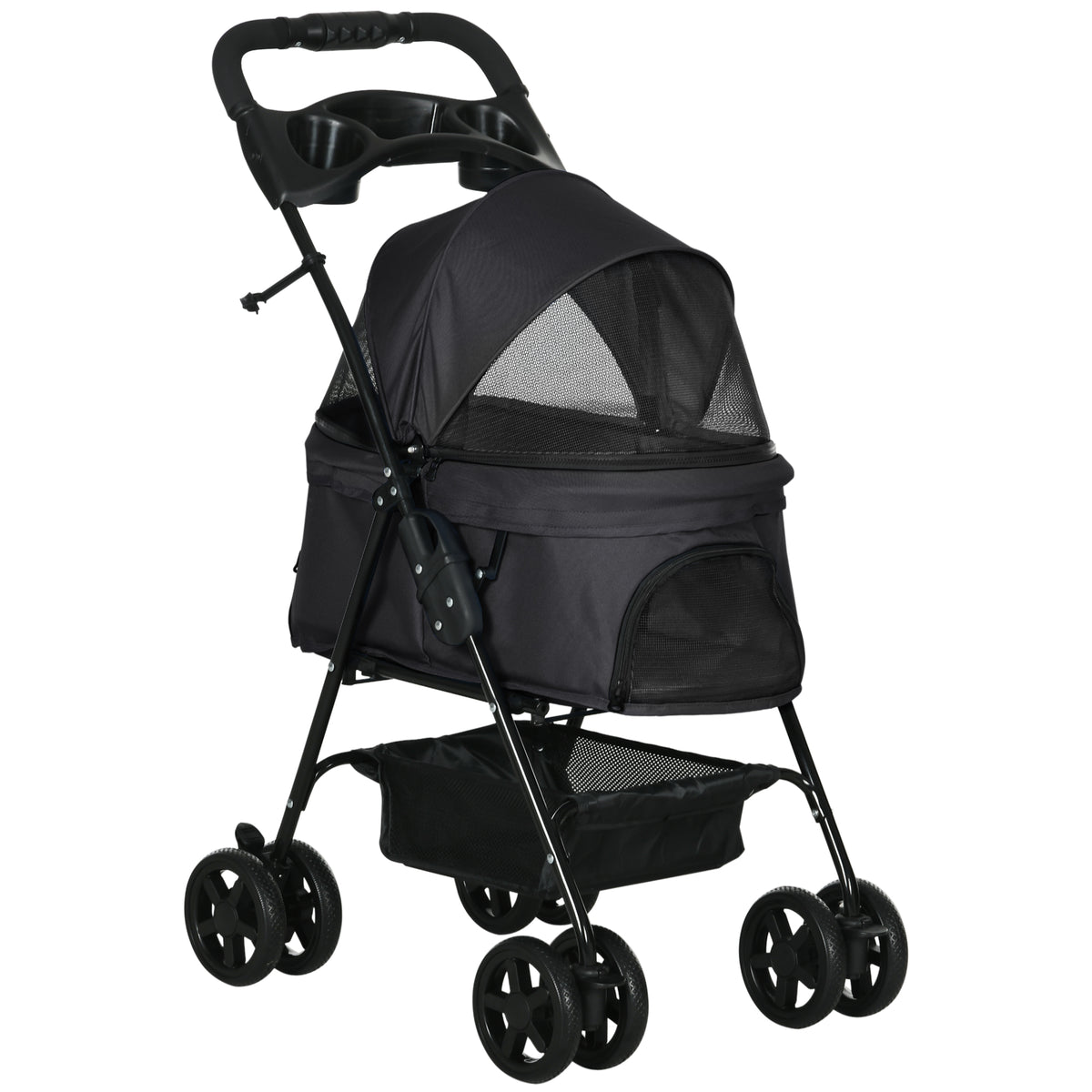 Four-Wheel Folding Dog Stroller with Cup Holder – Black